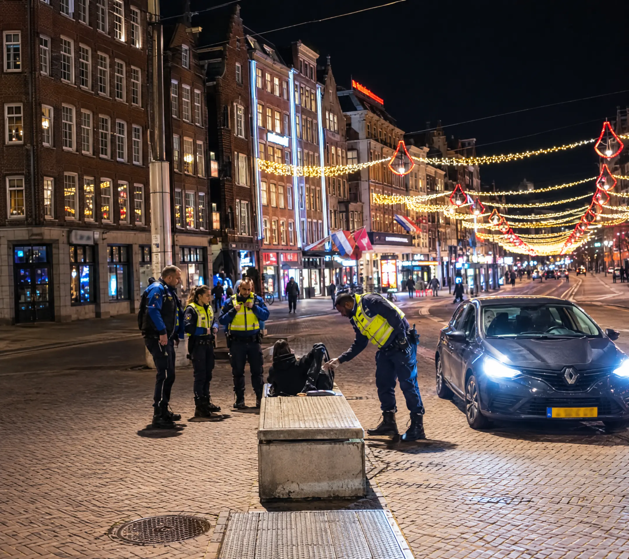 Handhavers tijdens een avonddienst in een verlichte winkelstraat